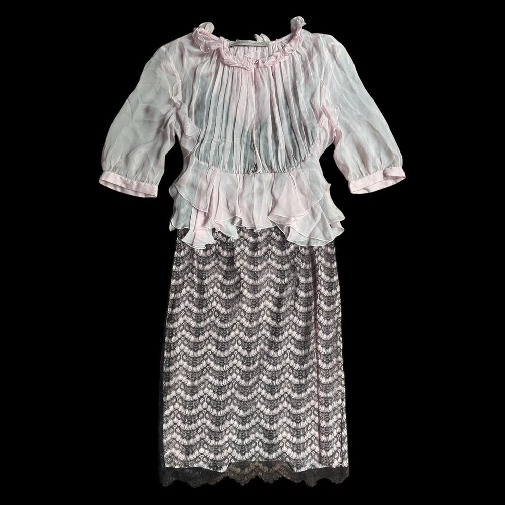 Francesco Scognamiglio pink silk and black lace  layered dress with ruffle trim